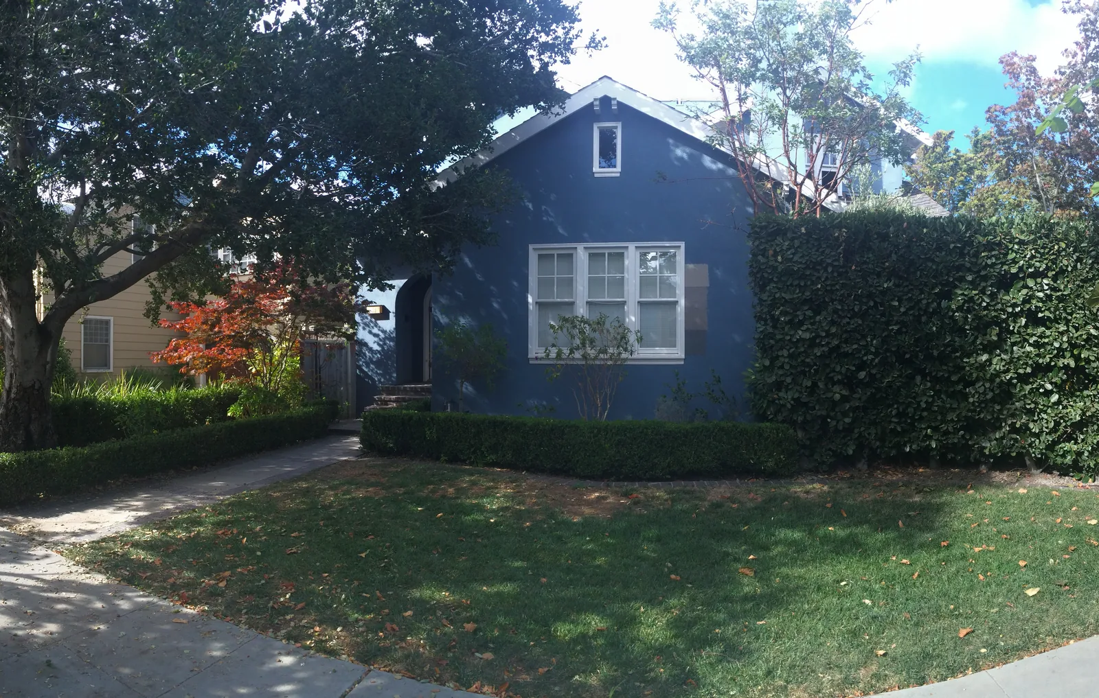 Before photo — the same front from the sidewalk: a blue bungalow behind a clipped hedge, a tired lawn and a plain concrete walk under the oak