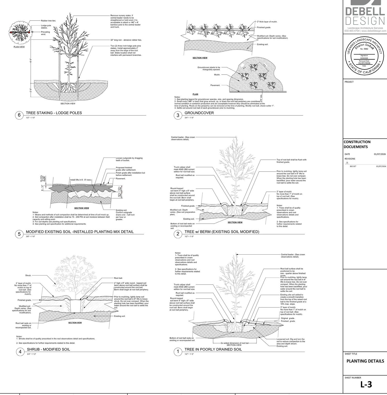 Construction-document sheet L-3, planting details: tree staking, groundcover, soil preparation and tree and shrub planting sections, with the DeBell Design title block and the landscape architect's seal