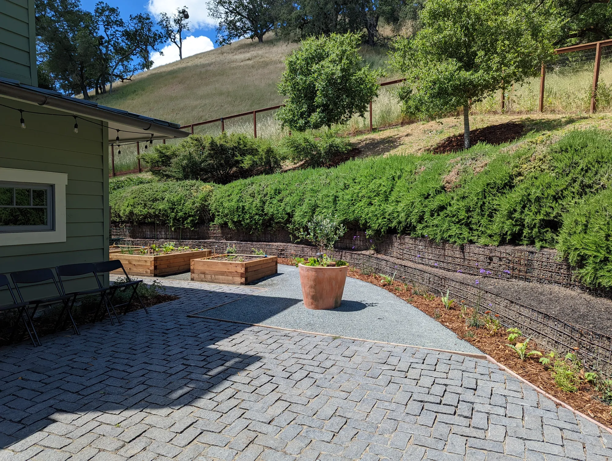Raised beds and softened patio areas stepping across the hillside site