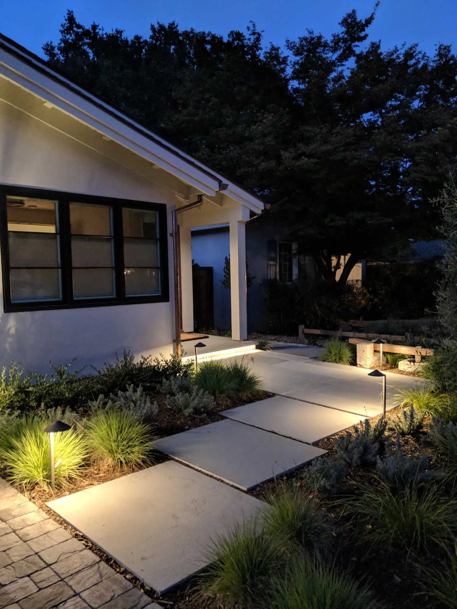 Lafayette Residence at dusk — the entry walk's broad pavers lit by path lights through layered grasses and lavender