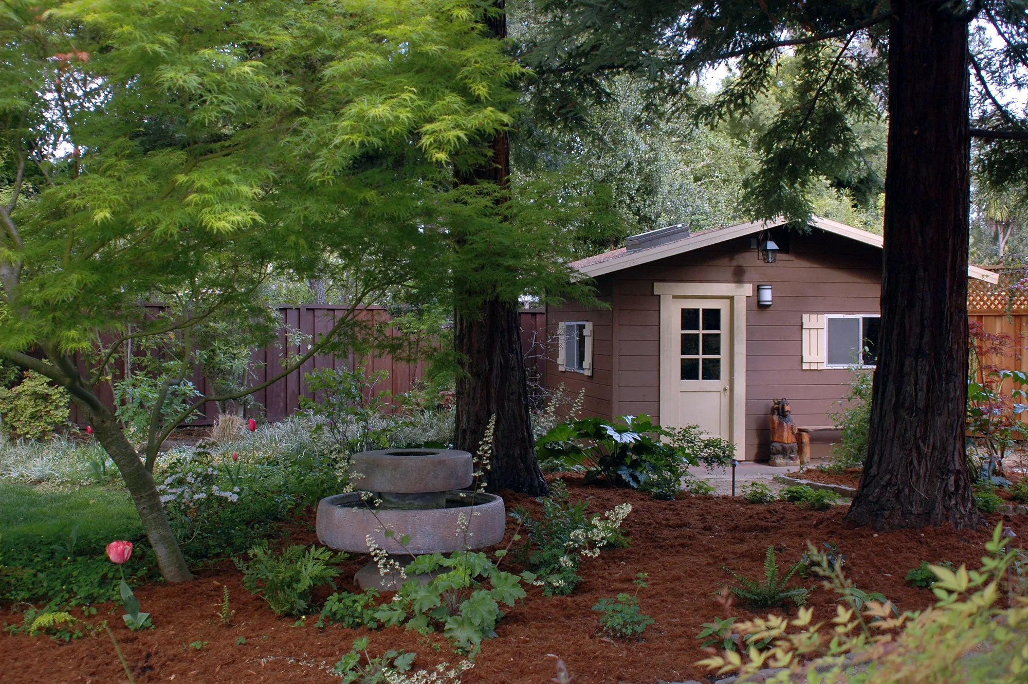 Los Altos family garden — the garden shed behind a stone millstone fountain, under a Japanese maple and two redwoods