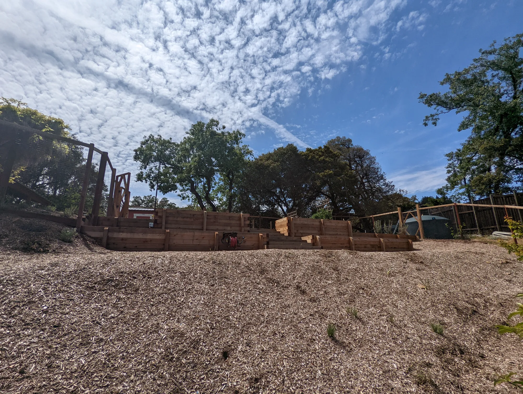 A mulched slope below the fenced kitchen garden, raised beds along the top