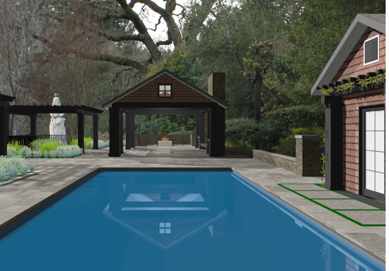Concept model of the Orinda garden — the view across the pool to the open-air pavilion, in the early SketchUp study