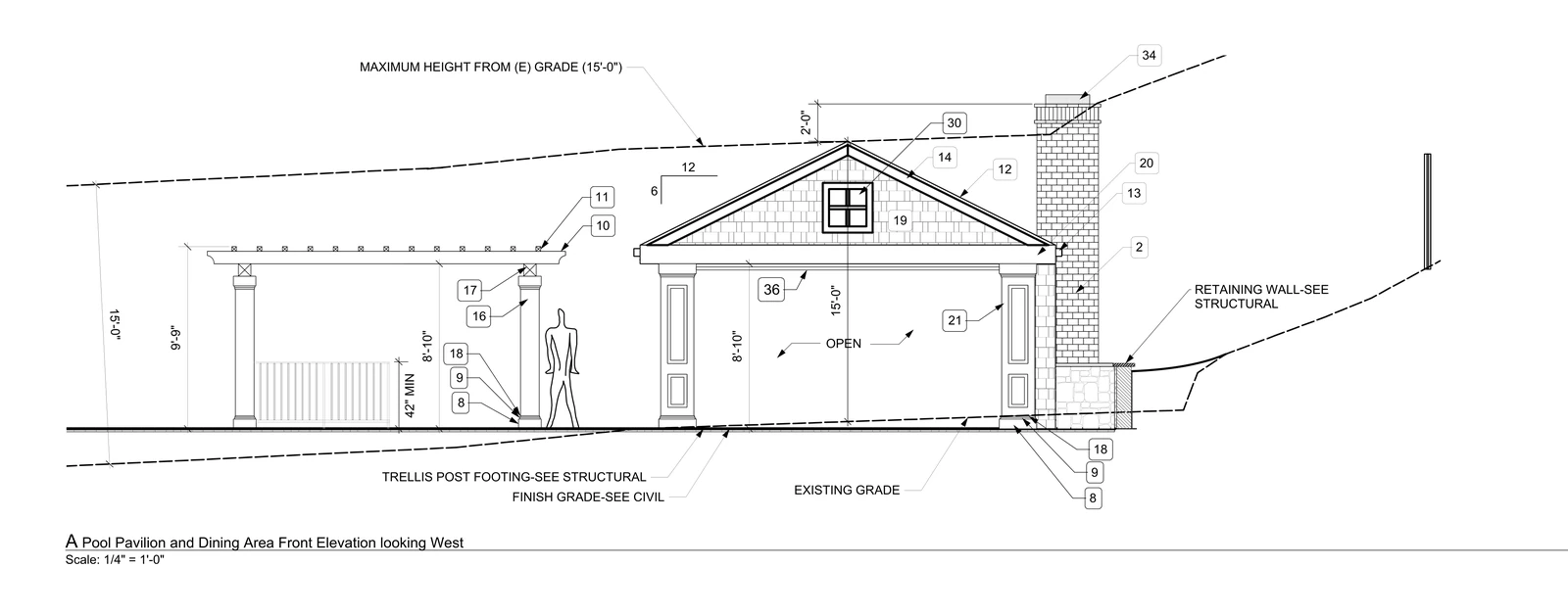 Construction-document elevation of the pool pavilion and dining arbor, dimensioned for the builder