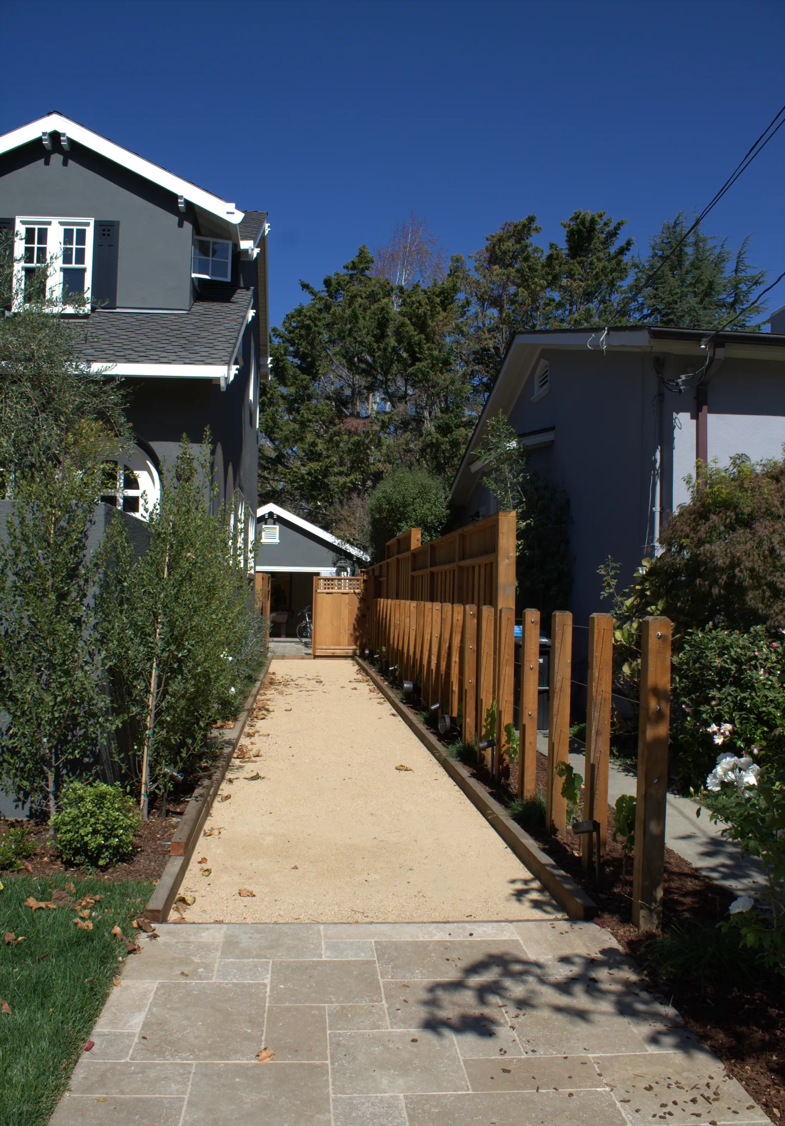 The side court — decomposed granite running between the house and a post-and-wire grape trellis