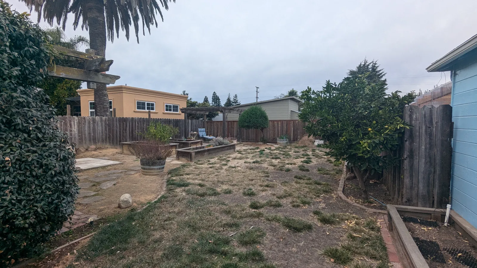 Before photo — the weedy, patchy former lawn and bare ground running back toward the garage, with the old raised beds along the fence