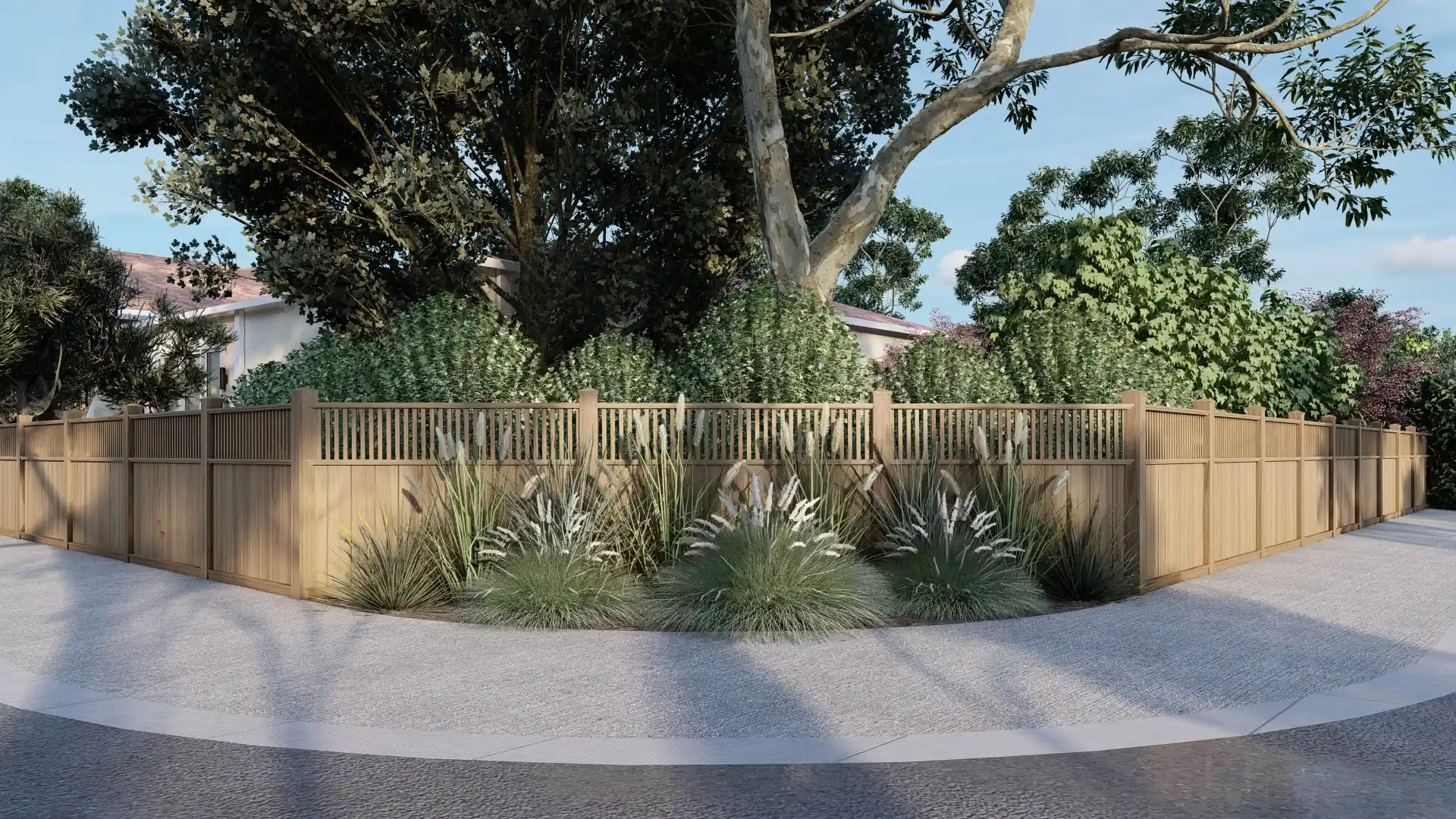 Design rendering of the street corner — the new wood fence turns the corner behind a curbside bed of native grasses