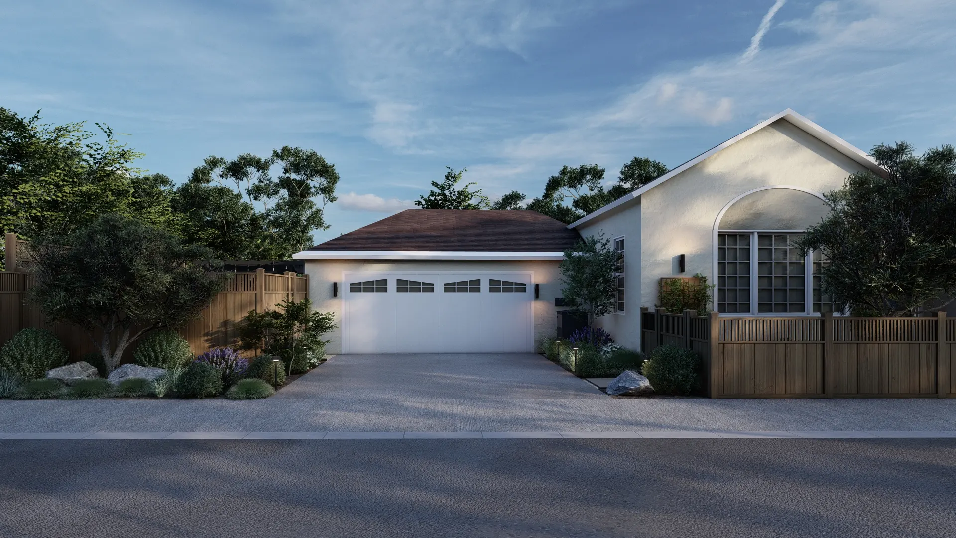 Design rendering of the arrival — the driveway between planted beds, fence panels stepping down beside the garage