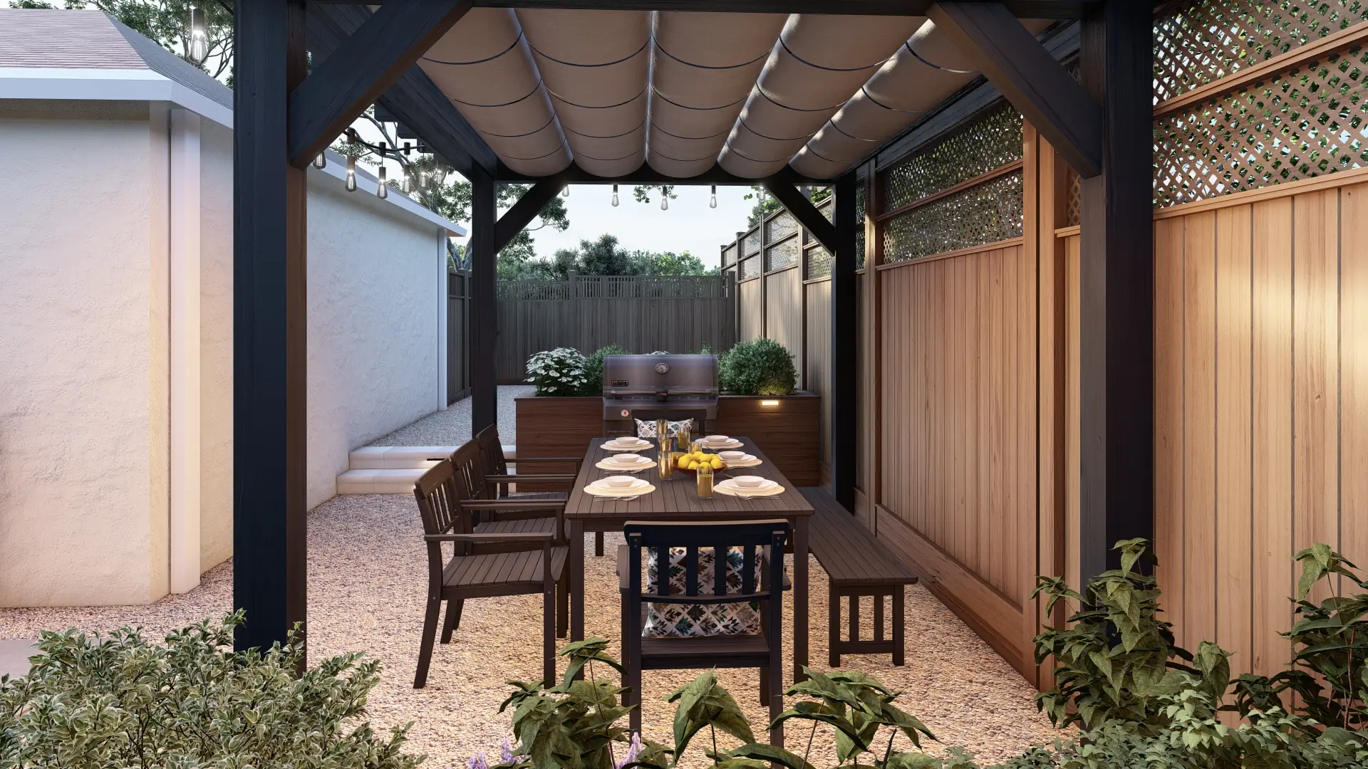 Design rendering under the 8×12 pergola — a set dining table and benches beside the outdoor grill counter, string lights overhead