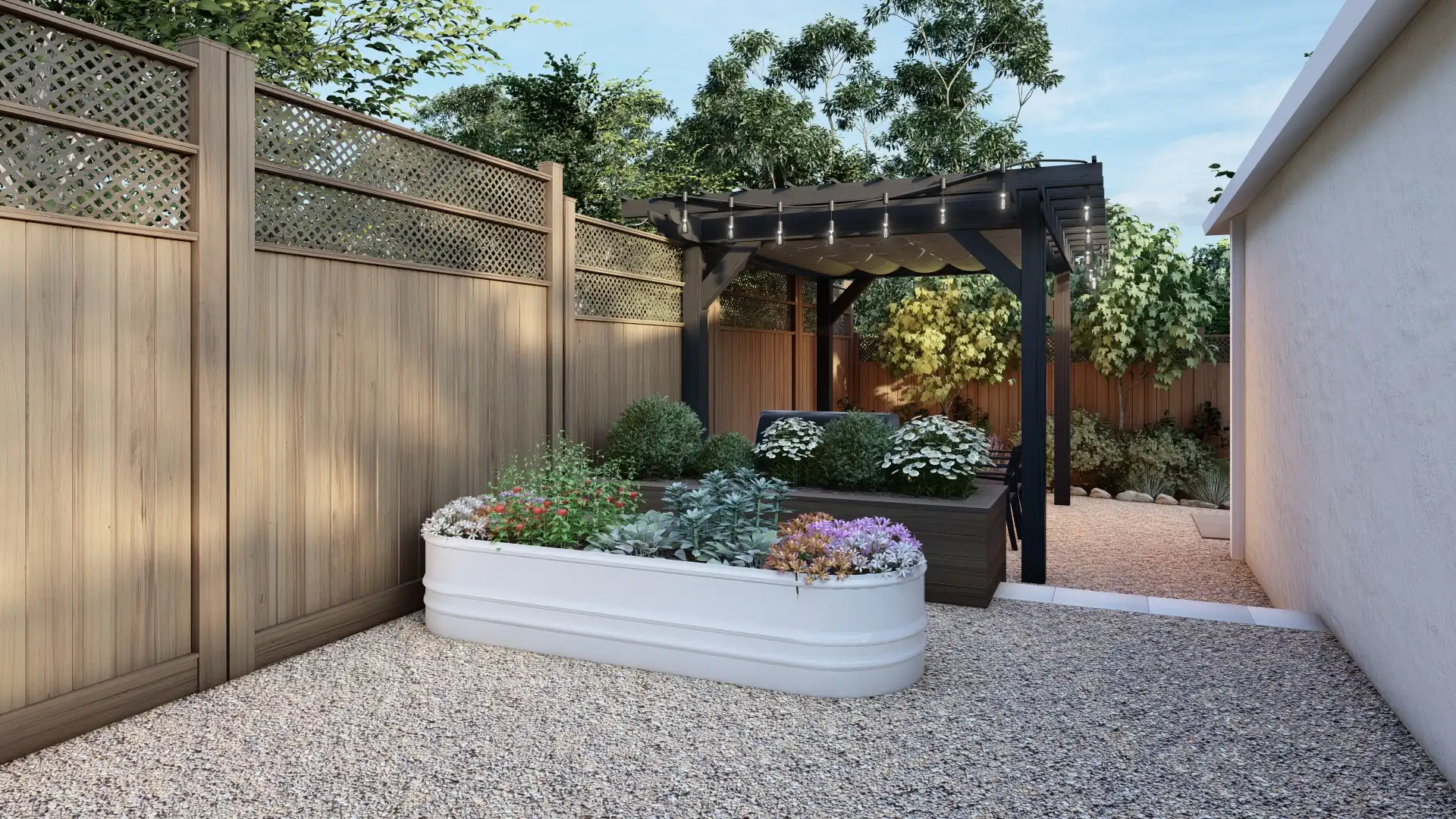 Design rendering of the vegetable garden — a white trough planter and the raised planter matched to the fence, pergola beyond