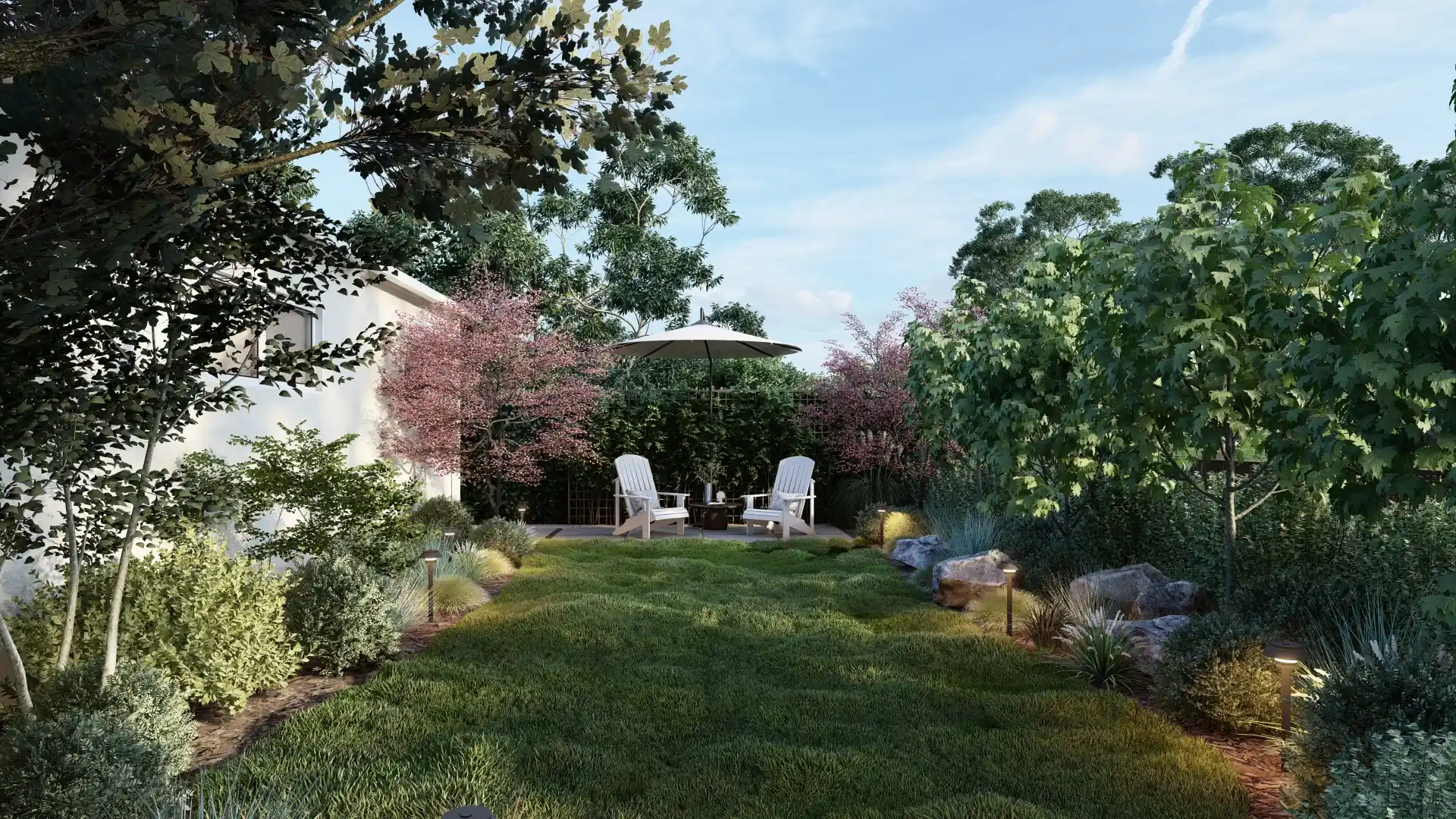 San Mateo Residence — design rendering of a green lawn edged by flowering trees and layered native beds with garden seating