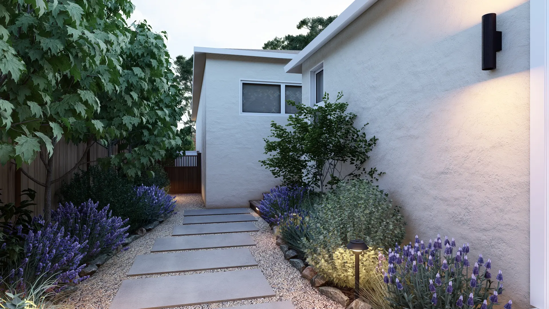 Design rendering of a garden path — concrete stepping stones in gravel between banks of Spanish lavender, a path light glowing at dusk