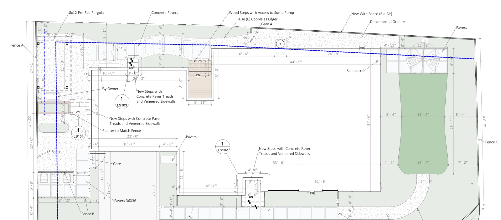 The dimensioned site plan from the buildable drawing set — every fence height, gate, path, and step called out