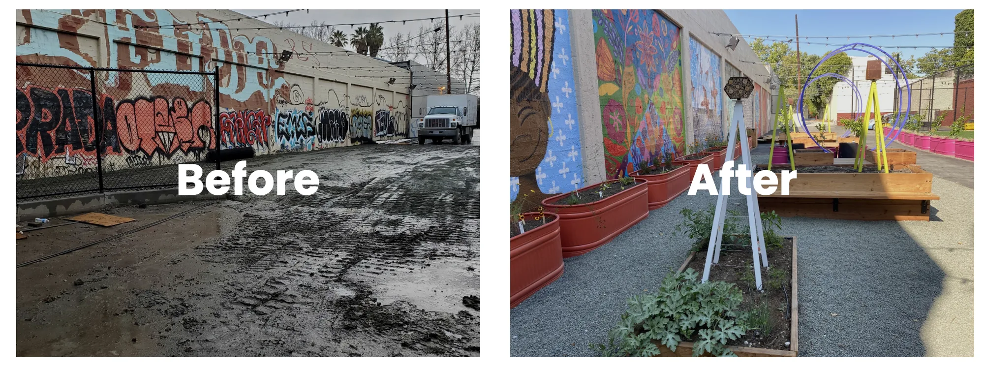 SoFA Pocket Park before and after — a graffiti-tagged industrial lot transformed into a mural-backed garden with planters
