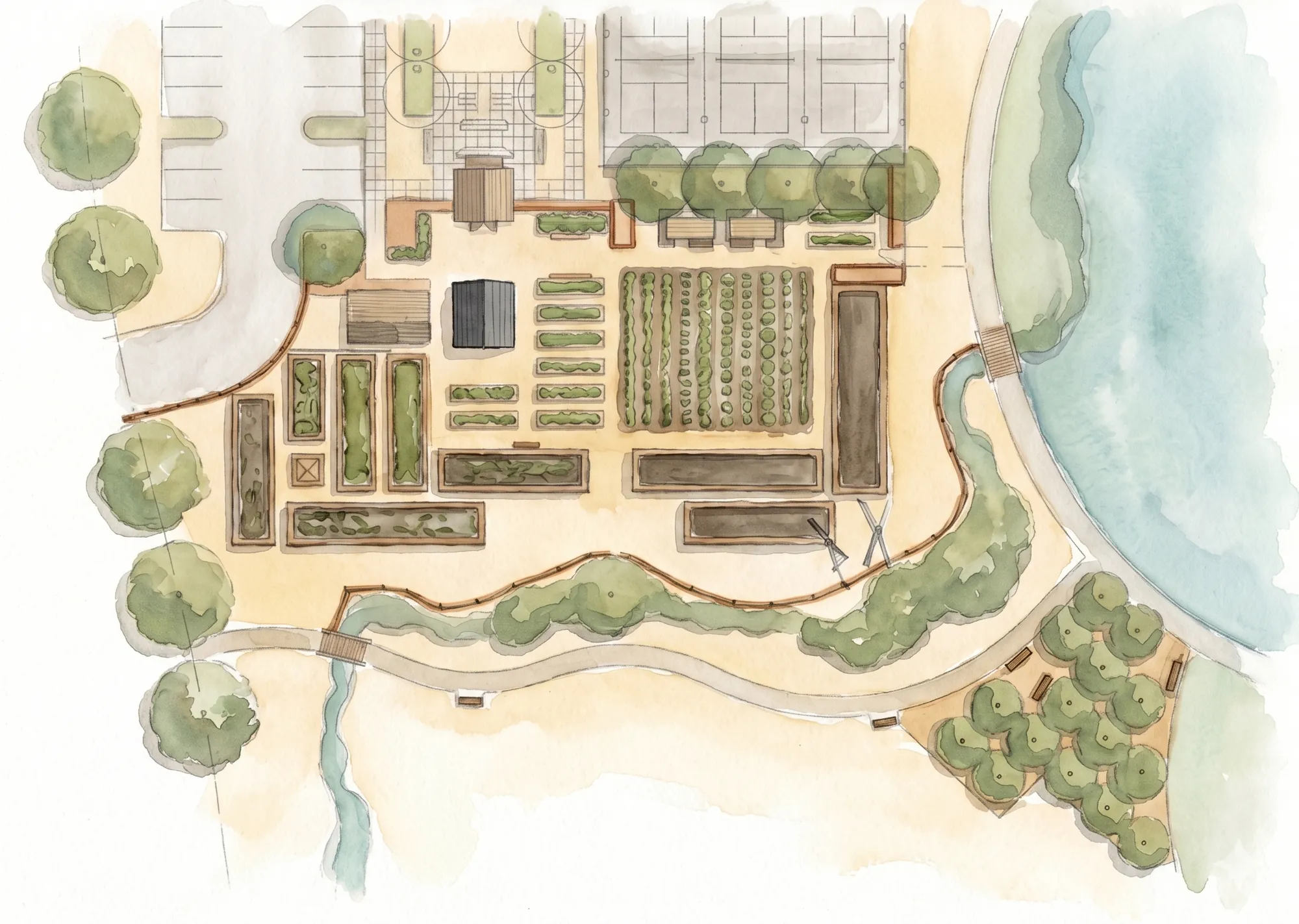 Tracy Lakes Agrihood — watercolor site plan of the community farm showing raised planters, row crops, orchard, and lakeside paths